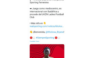 Photo 1 Caption: Real Sporting announce Kholosa Biyana on Twitter. Photo: Screenshot