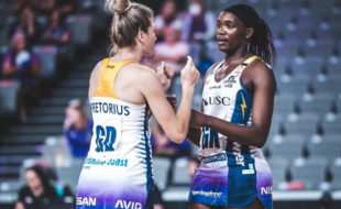 Phumza Maweni previously pictured with SPAR Proteas teammate, Karla Pretorius, in action for Sunshine Coast Lightning. Photo: SC Lightning (Instagram)