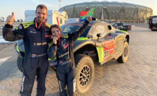 Taye Perry pictured with driver, Brian Baragwanath, with their medals at the Dakar Rally 2021 finish line in Saudi Arabia on Friday, 15 January 2021. Photo: Taye Perry (Facebook)