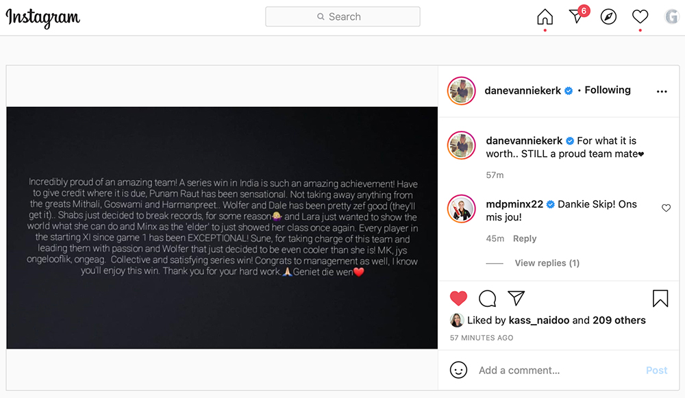 Injured SA captain, Dané van Niekerk - who was ruled out of the Indian tour due to injury - took to Instagram to laud her team in an emotional post. Image: Instagram
