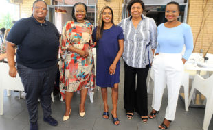 SASCOC First Vice President, Lwandile Simelane, Head of Momentum Brand, Charlotte Nsubuga-Mukasa, gsport Founder, Kass Naidoo, Deputy Minister of Sport, Arts and Culture, Nocawe Mafu and Chief Marketing Officer of Momentum Metropolitan, Nontokozo Madonsela show their support for the #GAL2020 Newsmakers event held at Mezepoli, Melrose Arch. Photo: gsport