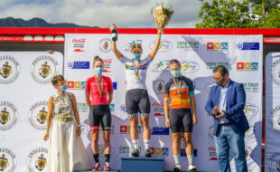 2021 SA Cycling’s Women’s Elite Road Race champion Hayley Preen (centre) raises the winners’ bouquet alongside Carla Oberholzer (left, second) and Frances Janse van Rensburg (right, third) complete the Elite Women’s Road Race podium in Swellendam on Sunday, 21 March, 2021. Photo: Chris Hitchcock
