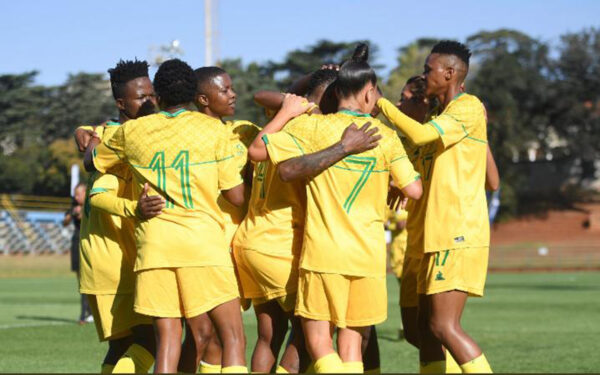 Two-goal wonder, Banyana Banyana defender Noko Matlou is swamped by her team-mates after she scores against Zambia in the first half at the Bidvest Stadium. Zambia striker and skipper Barbra Banda opened scoring in the international friendly, but Spain-based duo Matlou and Thembi Kgatlana combined to ensure the hosts South Africa won 3-1 in Johannesburg on Saturday, 10 April, 2021. Photo: Supplied