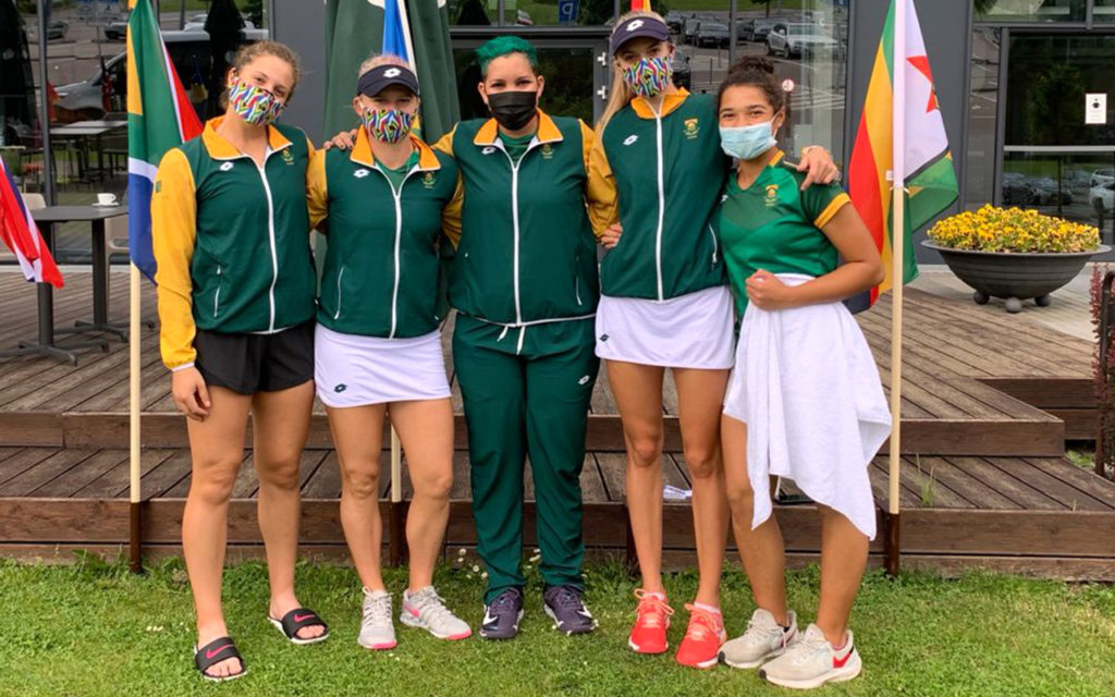 The youth-powered Team SA consisting of (from left) Lara van der Merwe, Chanel Simmonds, Roxanne Clarke (Captain), Delien Kleinhans and Kelly Arends have kicked off in the best manner, thumping neighbours Namibia 3-0 at their start of the Billie Jean King Cup Europe/Africa Group III tournament in Vilnius, Lithuania on Tuesday. Photo: Supplied