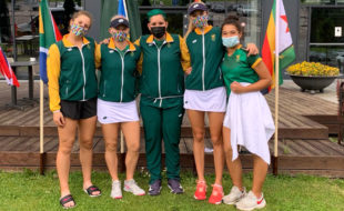 The youth-powered Team SA consisting of (from left) Lara van der Merwe, Chanel Simmonds, Roxanne Clarke (Captain), Delien Kleinhans and Kelly Arends have kicked off in the best manner, thumping neighbours Namibia 3-0 at their start of the Billie Jean King Cup Europe/Africa Group III tournament in Vilnius, Lithuania on Tuesday. Photo: Supplied