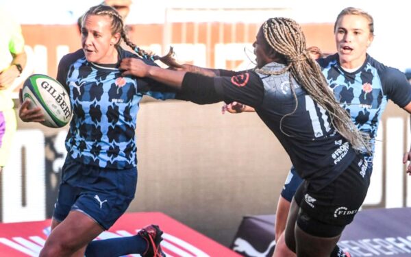 The clash between Cell Sharks Women and Blue Bulls Women in Durban was tight from the outset as both teams tried to make their presence felt on attack and defence on Saturday, 10 July 2021. Photo: WomenBoks (Twitter)