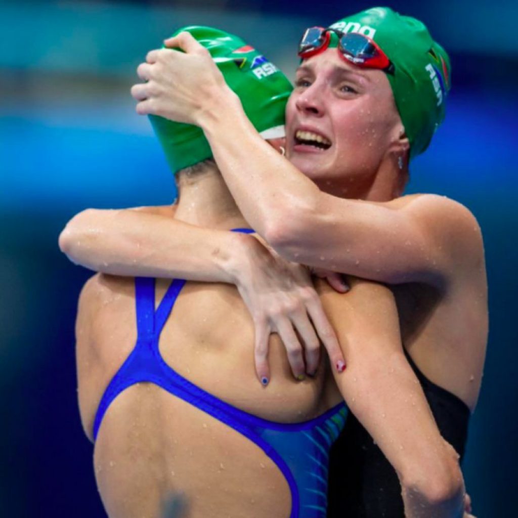 Training partners, Kaylene Corbett and Tatjana Schoenmaker, pictured celebrating Schoenmaker’s 200m breaststroke final win at the Olympic Games in Tokyo on Friday, 30 July 2021. Photo: Team South Africa (Twitter)