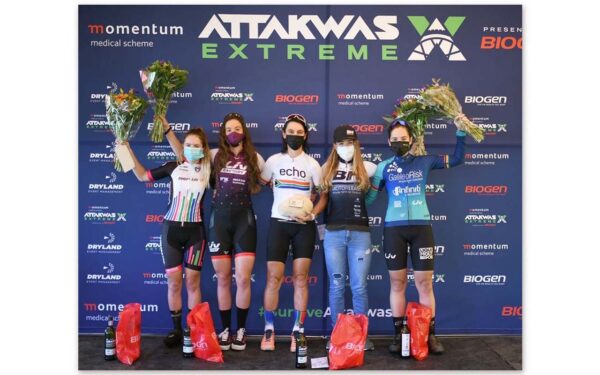 The women’s podium of the 2021 Momentum Medical Scheme Attakwas Extreme, presented by Biogen is, from left: Kelsey van Schoor (fifth), Sarah Hill (third), Yolande de Villiers (first), Amy Beth McDougall (second) and Kim Le Court (fourth). Photo: ZC Marketing Consulting