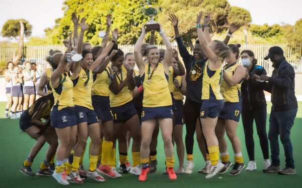 Photo 1 Caption: Southern Gauteng celebrate their third IPT title in five editions, beating Western Province 2-0 for the 2021 title in a tense penalty shoot out after the two sides ended regular time 2-all at Hartleyvale Stadium on Saturday. Photo: Southern Gauteng Hockey Association (Facebook)