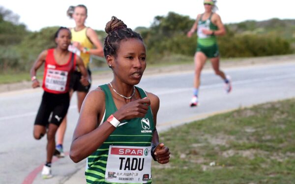 Ethiopia’s Tadu Nare plans on using her SPAR Grand Prix 10km victory prize money to build a home for her mother. Nare raced to victory at the Nelson Mandela University on Saturday, 9 October 2021, as she crossed the finish line in 32.33 minutes to make it six out of six victories in the series. Photo: SPAR Grand Prix