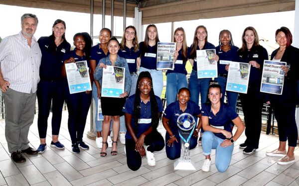 2021 Telkom Netball League champions, Gauteng Jaguars, pictured with Telkom’s Head of Sponsorships, Braam Wessels and gsport Content Lead, Celine Abrahams at the Mail & Guardian handover at the High Performance Centre in Pretoria on Friday, 22 October 2021. Photo: Reg Caldecott / Tuks Sport