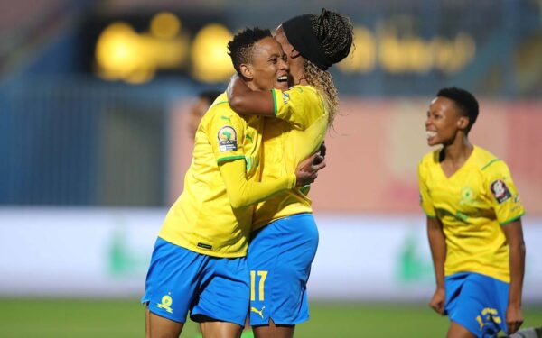 The Mamelodi Sundowns Ladies Football Club’s Andisiwe Mgcoyi (right) is all smiles with a huge hug for 33rd-minute goal-scorer Chuene Morifi, in their TotalEnergies CAF Women’s Champions League final xxx-xxx win over Ghana’s Hasaacas Ladies Football Club, at the 30 June Stadium in Cairo, Egypt, on Friday, 19 November, 2021. Photo: CAF (Twitter)