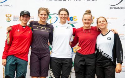 Sabine Thies (pictured in the middle) claims gold in the women’s category of the South African National Downhill Championships which took place at Town Bush Trails in Pietermaritzburg. Photo: Cycling South Africa (Facebook)