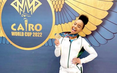 Olympic gymnast, Caitlin Rooskrantz, claimed gold after an effortless performance on the uneven bar at 2022 FIG World Artistic Gymnastics World Cup in Cairo on Saturday, 19 March 2022. Photo: Caitlin Rooskrantz (Instagram)