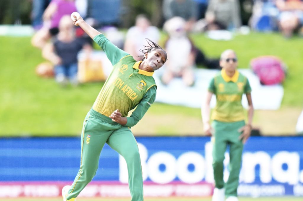 Ayabonga Khaka of South Africa bowls during the 2022 ICC Women's Cricket World Cup match between India and South Africa at Hagley Oval on March 27, 2022, in Christchurch, New Zealand. Photo: ICC
