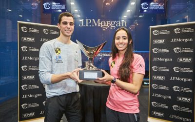 Two-time junior world squash champion Nouran Gohar (pictured right) defeated USA’s Amanda Sobhy to emerge as winner of the J.P. Morgan Tournament of Champions at the Grand Central Terminal in New York City on Saturday, 07 May 2022. Photo: PSA World Tour (Twitter)
