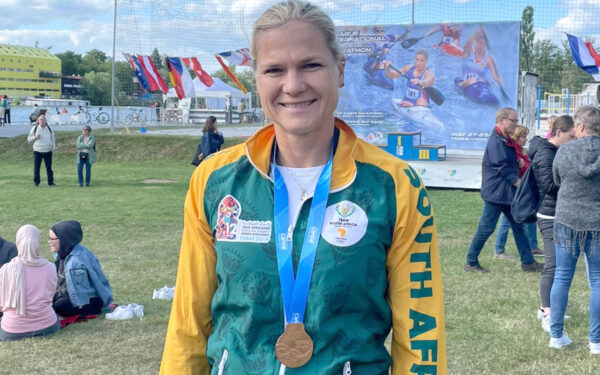 Bridgitte Hartley with the bronze medal she won in the ICF Marathon short course race in Prague in the Czech Republic on Saturday. Photo: Supplied / Gameplan Media