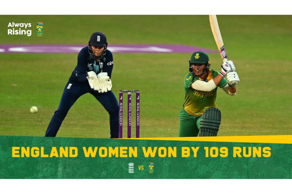 An outstanding century from Tammy Beaumont played a key role in England’s 109-run victory over the Momentum Proteas to confirm a 3-0 series victory at the County Ground in Leicester on Monday, 18 July 2022. Photo: Cricket South Africa (Twitter)
