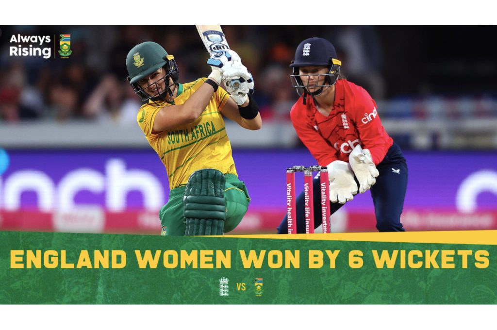Sophia Dunkley’s maiden half-century and Katherine Brunt’s career-best bowling return proved too strong for the Momentum Proteas as England secured a six-wicket triumph to win the first T20 International (T20I) at the County Ground in Chelmsford on Thursday, 21 July 2022. Photo: Cricket South Africa