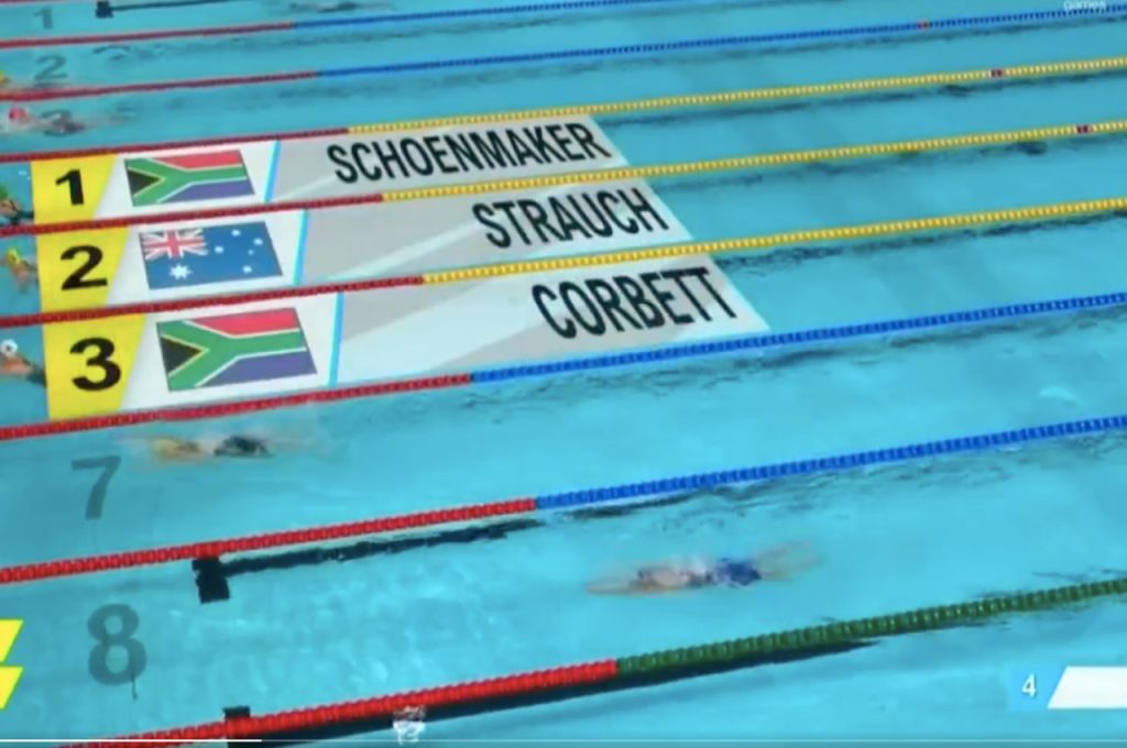 South Africa’s Tatjana Schoenmaker and Kaylene Corbett dominated the 200m breaststroke final, claiming first and third position, respectively at the 2022 Commonwealth Games on Sunday, 31 July. Photo: Screenshot (SuperSport)