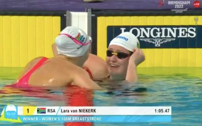 Team South Africa’s Lara van Niekerk and Tatjana Schoenmaker claimed gold and silver, respectively in the 100m breaststroke final at the 2022 Commonwealth Games on Tuesday, 2 August 2022. Photo: Team SA (screenshot)