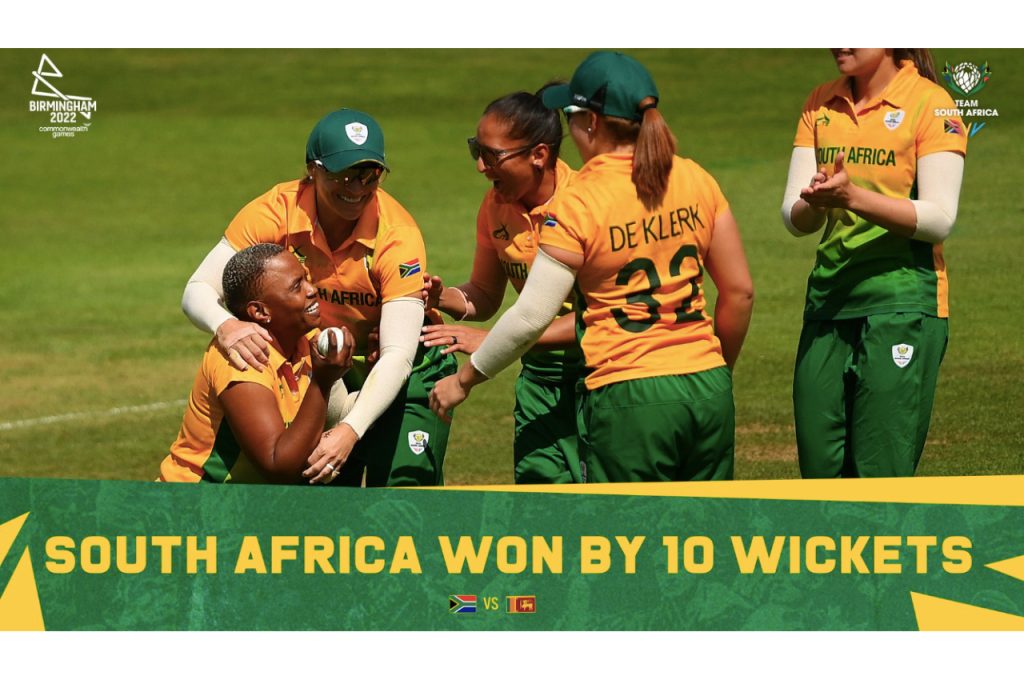 Team South Africa ended their inaugural Commonwealth Games Cricket T20 campaign with an emphatic 10-wicket triumph over Sri Lanka at the Edgbaston Cricket Ground in Birmingham on Thursday. The victory means South Africa finish Group B on two points behind semi-finalists England and New Zealand. Photo: Cricket SA (Twitter)