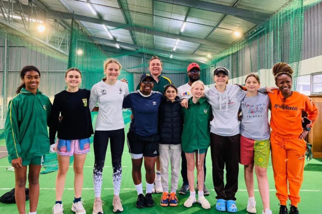 South African Cricketer Sinalo Jafta at the SJ10 Foundation launch in East London with some of the young cricketers who received sport bras. Photo: Sinalo Jafta (Instagram)
