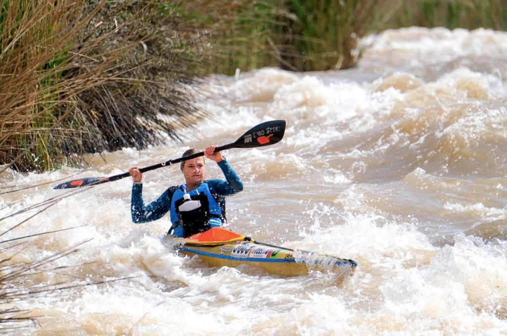 Women's race leader Bridgitte Hartley in action at Soutpansdrift Rapid on stage one of the 2022 Fish River Canoe Marathon on Friday, 7 October. Photo: Bruce Viaene/Gameplan Media