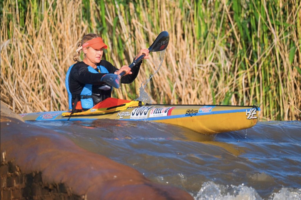 Bridgitte Hartley successfully defended her Fish K1 women's title on final stage of the 2022 Fish River Canoe Marathon on Saturday, 8 October 2022. Photo: Bruce Viaene/Gameplan Media