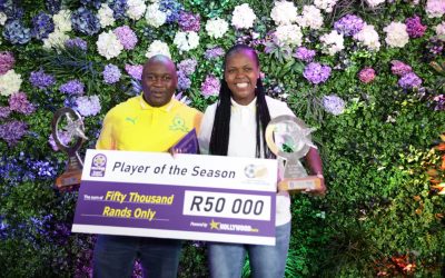 Mamelodi Sundowns Ladies’ Boitumelo Rabale and coach Jerry Tshabalala pictured with the Player of the Season and Coach of the Season awards, respectively at the 2022 Hollywoodbets Super League end of season ceremony at Sandton Convention Centre in Johannesburg on Saturday, 3 December. Photo: Hollywoodbets SL (Twitter)