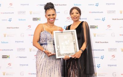 Mpumi Manyisi pictured on stage at the 2022 Momentum gsport Awards as she received the Mail and Guardian Woman in Print accolade on Wednesday, 14 September. Photo: gsport