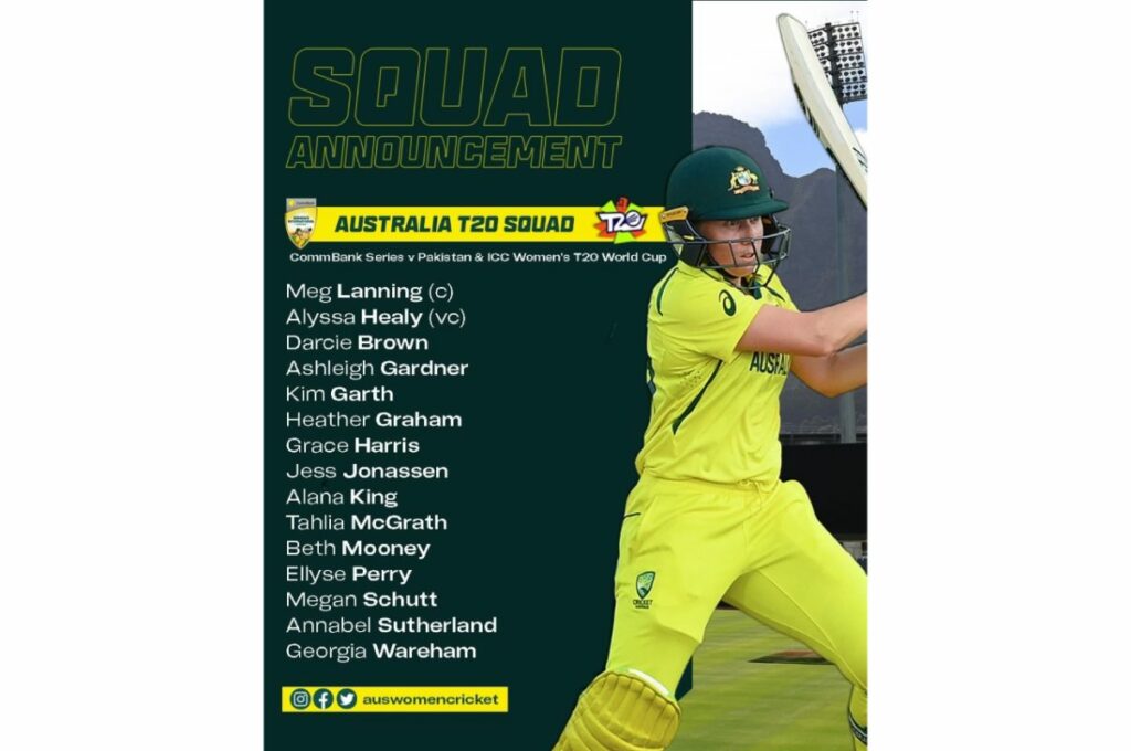 Australia has unveiled their 15- player squad for next month’s ICC Women’s T20 World Cup in South Africa, as announced on Tuesday, 10 January 2023. Photo: Cricket Australia (Twitter)