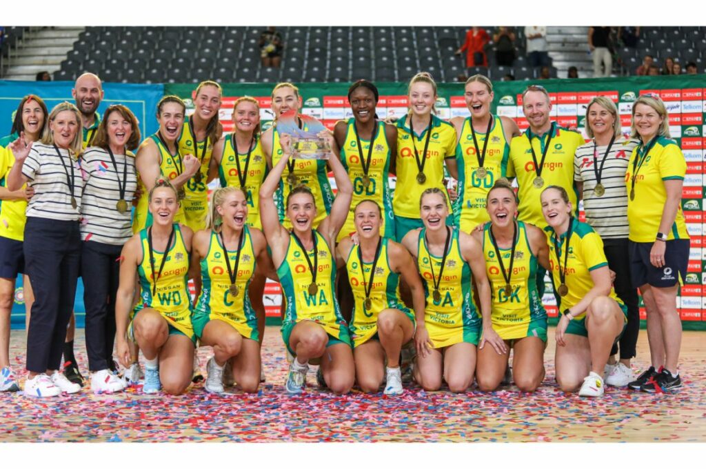 Photo 1 Caption: Australia show their mettle, coming from behind in the first half to defeat New Zealand 56-50 and defend their Netball Quad Series title on Wednesday, 25 January 2023. Photo: Skhu Nkomphela