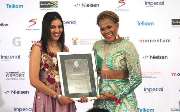 Keynote speaker Akhona Makalima inspired women with her inspirational learnings at the Imperial Logistics Global Women’s Forum (GWF) on on Friday 17 March. In this file photo, FIFA Accredited Referee Akhona Makalima is congratulated on winning the by Esha Mansingh, Imperial Logistics Executive Vice President: Corporate Affairs and Investor Relations, at the 2022 Momentum gsport Awards, at the Wanders Club in Illovo, Johannesburg, on 14 September, 2022. Photo: Meghan McCabe (c) gsport
