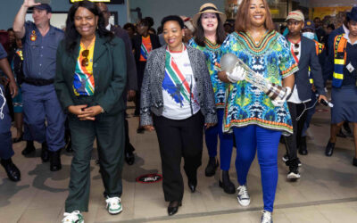 The Netball World Cup trophy arrived for the first time ever on African soil ahead of the 2023 Vitality Netball World Cup to be staged in Cape Town in July. Cecilia Molokwane, President of Netball South Africa (NSA) and NSA CEO, Blanche De La Guerre collected the trophy from World Netball in London on Tuesday and delivered it to South African shores (Thursday) on an international flight that landed at the King Shaka International Airport in Durban, KwaZulu-Natal. Pictured at the trophy arrival ceremony are from right President of Netball South Africa, Cecilia Molokwane, NSA CEO, Blanche De La Guerre, Premier of KwaZulu-Natal, Nomusa Dube-Ncube and Deputy Minister of Sport, Arts and Culture, Nocawe Mafu. Picture Credit: Rogan Ward