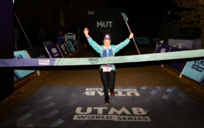 South Africa’s Sylvie Schezinger after crossing the line in the women's 100 miler-distance category at the inaugural Mountain Ultra Trail by UTMB in George, Western Cape. Photo: Sportograf / Supplied