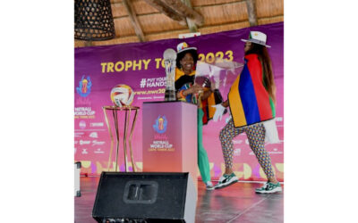 President of Netball South Africa, Cecilia Molokwane and Deputy Sport Minister Nocawe Mafu unveiling the 2023 Netball World Cup Trophy at Kruger International Airport in Mbombela. Photo: Department of Sport, Arts and Culture (Twitter)