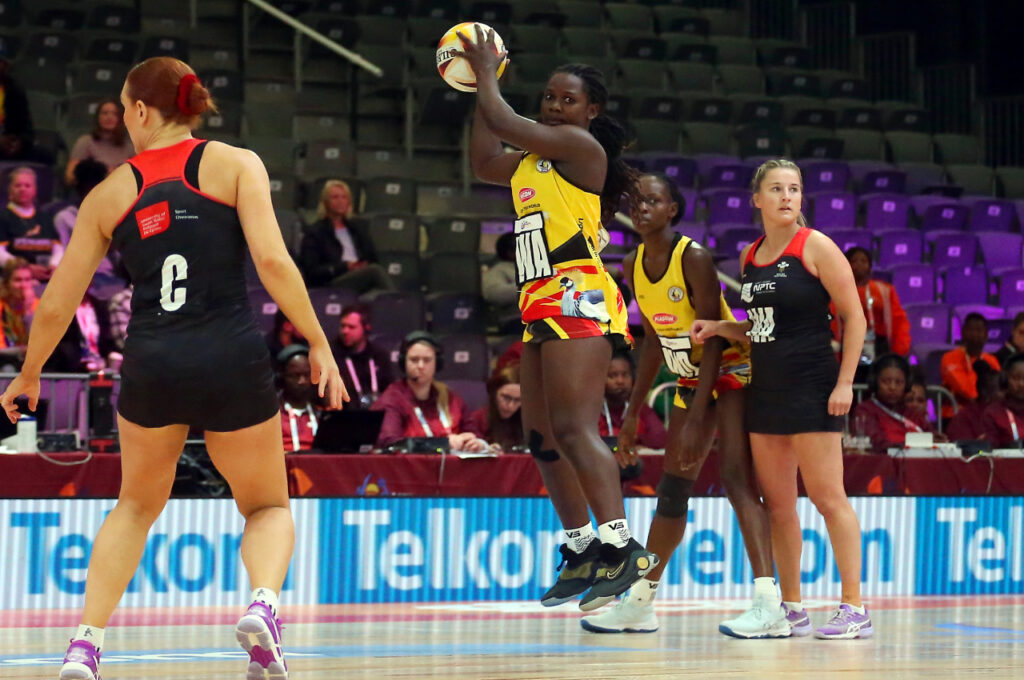 Sarah Nakiyunga of Uganda during the Netball World Cup 2023, Pool G match between Wales and Uganda at Cape Town International Convention Centre, Court 1 on August 02, 2023 in Cape Town, South Africa. (Photo by Shaun Roy/Gallo Images/Netball World Cup 2023)