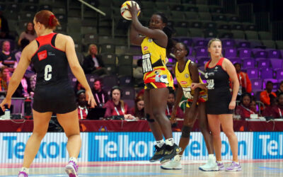 Sarah Nakiyunga of Uganda during the Netball World Cup 2023, Pool G match between Wales and Uganda at Cape Town International Convention Centre, Court 1 on August 02, 2023 in Cape Town, South Africa. (Photo by Shaun Roy/Gallo Images/Netball World Cup 2023)