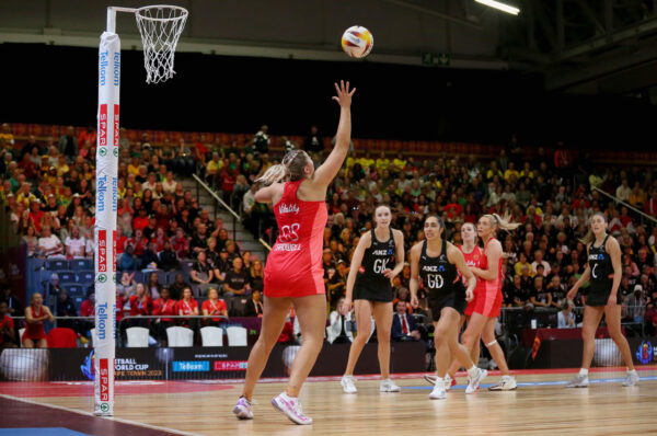 Eleanor Cardwell of England in action during the Netball World Cup 2023, Semi Final 1 match between England and New Zealand at Cape Town International Convention Centre, Court 1 on August 05, 2023 in Cape Town, South Africa. (Photo by Shaun Roy/Gallo Images/Netball World Cup 2023)