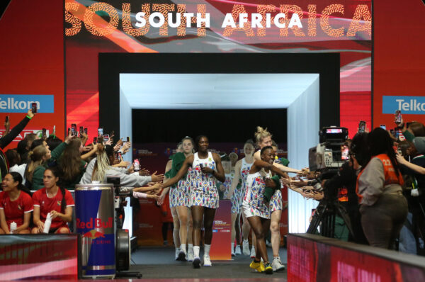 Bongi Msomi leads team South Africa in too court during the Netball World Cup 2023, Playoff 2 match between South Africa and Tonga at Cape Town International Convention Centre, Court 1 on August 04, 2023 in Cape Town, South Africa. (Photo by Shaun Roy/Gallo Images/Netball World Cup 2023)