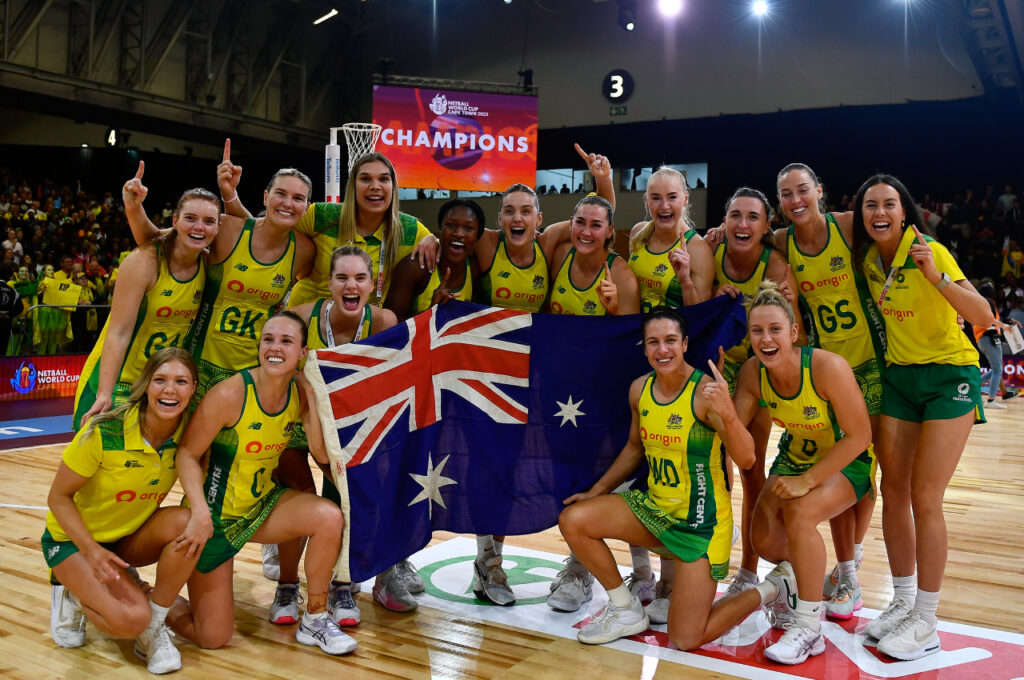 Australia celebrates winning during the Netball World Cup 2023, final match between England and Australia at Cape Town International Convention Centre, Court 1 on August 06, 2023 in Cape Town, South Africa. (Photo by Ashley Vlotman/Gallo Images/Netball World Cup 2023)