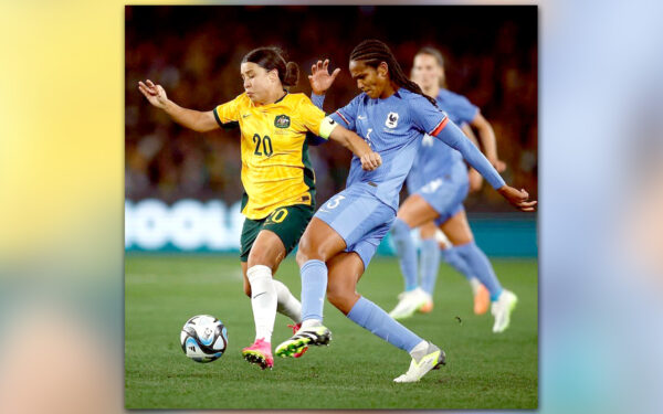 Australian national icon Sam Kerr receives the close attention of France’s Wendie Renard in the day’s first FIFA Women’s World Cup 2023 quarter-final at the Suncorp Stadium in Brisbane, south-east Queensland in Australia on Saturday, 12 August. Photo: (c) FIFA