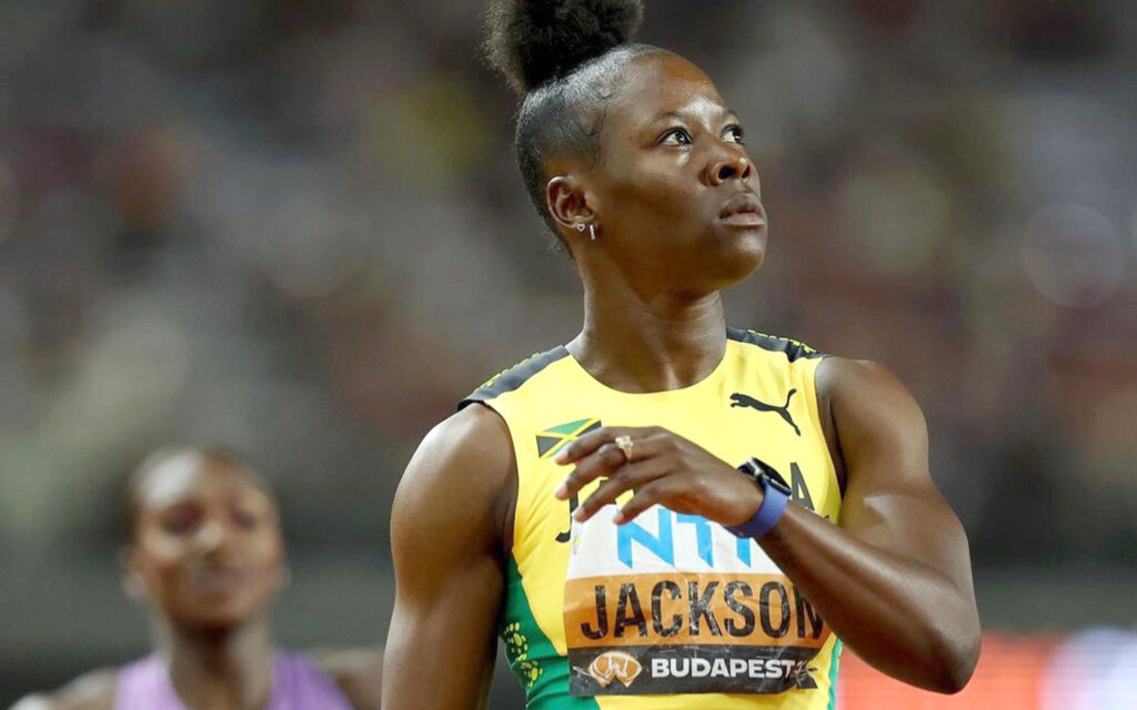 Jamaica’s Shericka Jackson pictured on track after setting a championship record, producing the second fastest time in history of 21.41sec to retain her world 200m title at the World Athletics Championships in Budapest on Friday, 25 August 2023. Photo: World Athletics (Instagram)