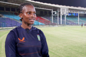 Proteas Women all-rounder Nondumiso Shangase chatting about her return to the national fold at National Stadium, Karachi in Pakistan. Photo: Screenshot from CSA video