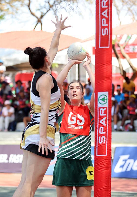 Sunel Smit of Dr Kenneth Kaunda shoots for goal during day 3 of the 2023 SPAR National Netball Championships. Johannesburg beat Dr Kenneth Kaunda 52-39 played on Wednesday, 4 October 2023 at the Hoërskool Rustenburg in North West Province. Picture Credit: Reg Caldecott