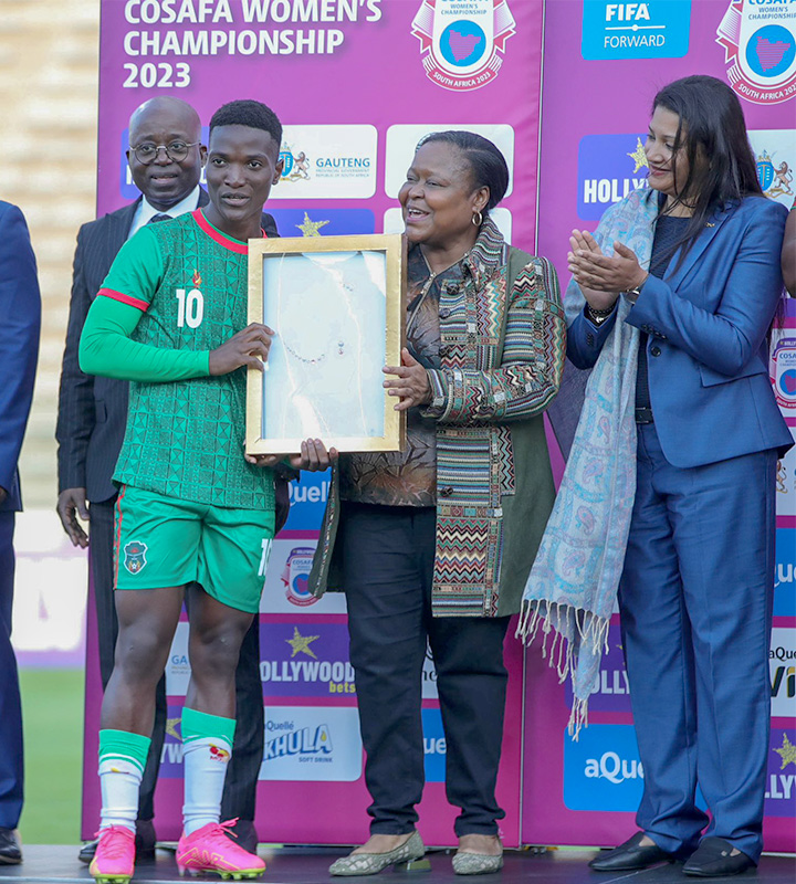 Malawi’s Temwa Chawinga was named Player of the Tournament, and also won the tournament’s Golden Boot Award for her nine goals. Photo: COSAFA on X