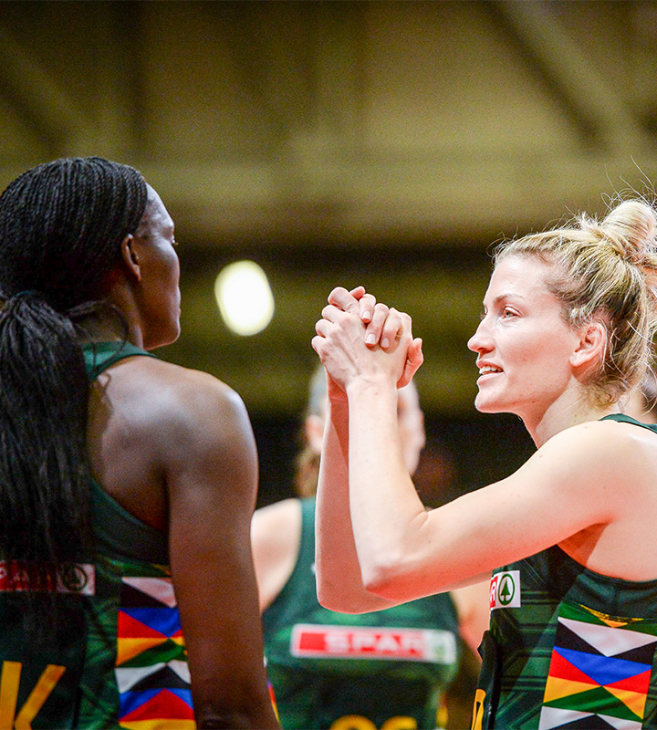 Goal keeper Phumza Maweni looks on as Goal Defence Karla Pretorius gives thanks following an improved South African performance in Tasmania on Sunday morning. Photo: Supplied