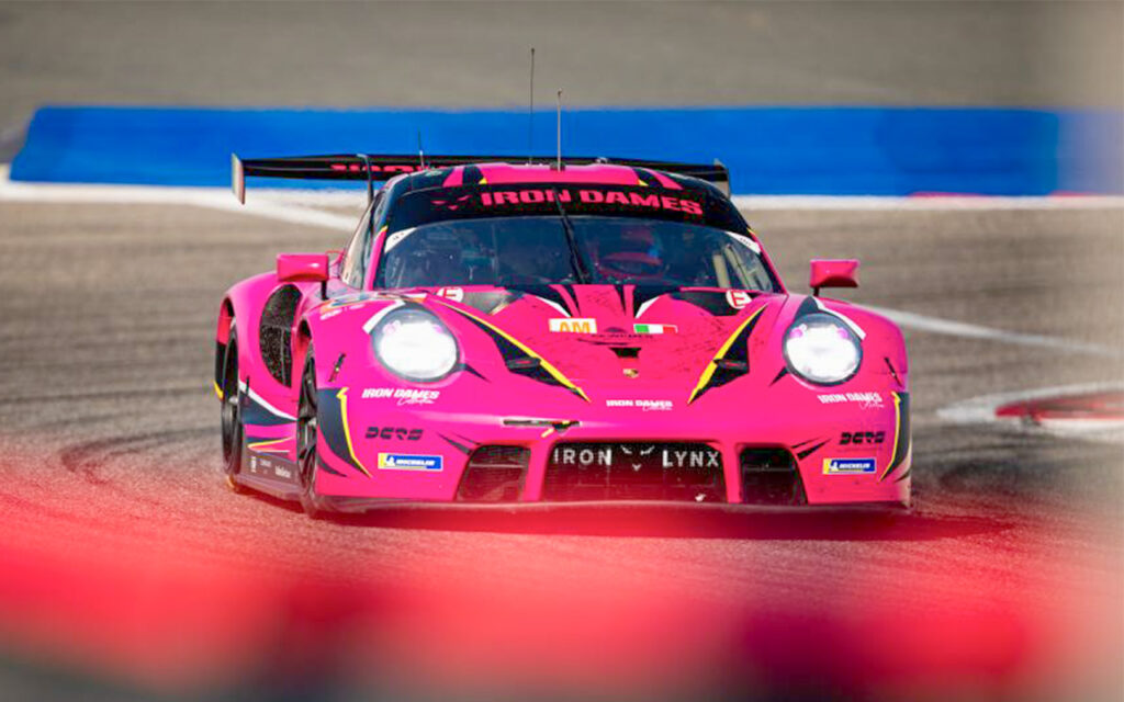 The hot pink Porsche 911 RSR-19 car no. #85 and their crew elevated the skilful driving of Team Iron Dames to the top of the podium at the WEC Bapco Energies 8h at the Bahrain International Circuit in Sakhir, Bahrain, on Saturday, 4 November, 2023. Photo: Supplied (c) 2023 FIA WEC / FocusPackMedia - Marcel Wulf