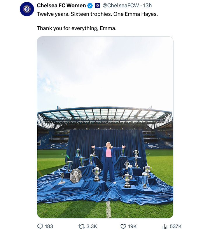 The incredibly accomplished Emma Hayes and the Chelsea Women’s showcase during their years together. Photo: Chelsea Women FC